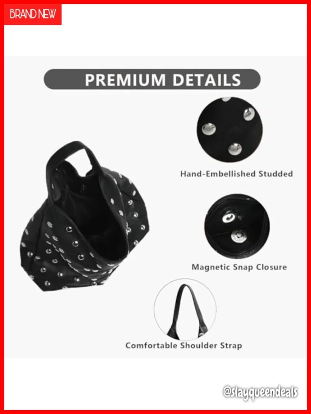 Vegan Leather Studded Hobo Bag Large Capacity Slouchy Shoulder Tote Y2K Punk